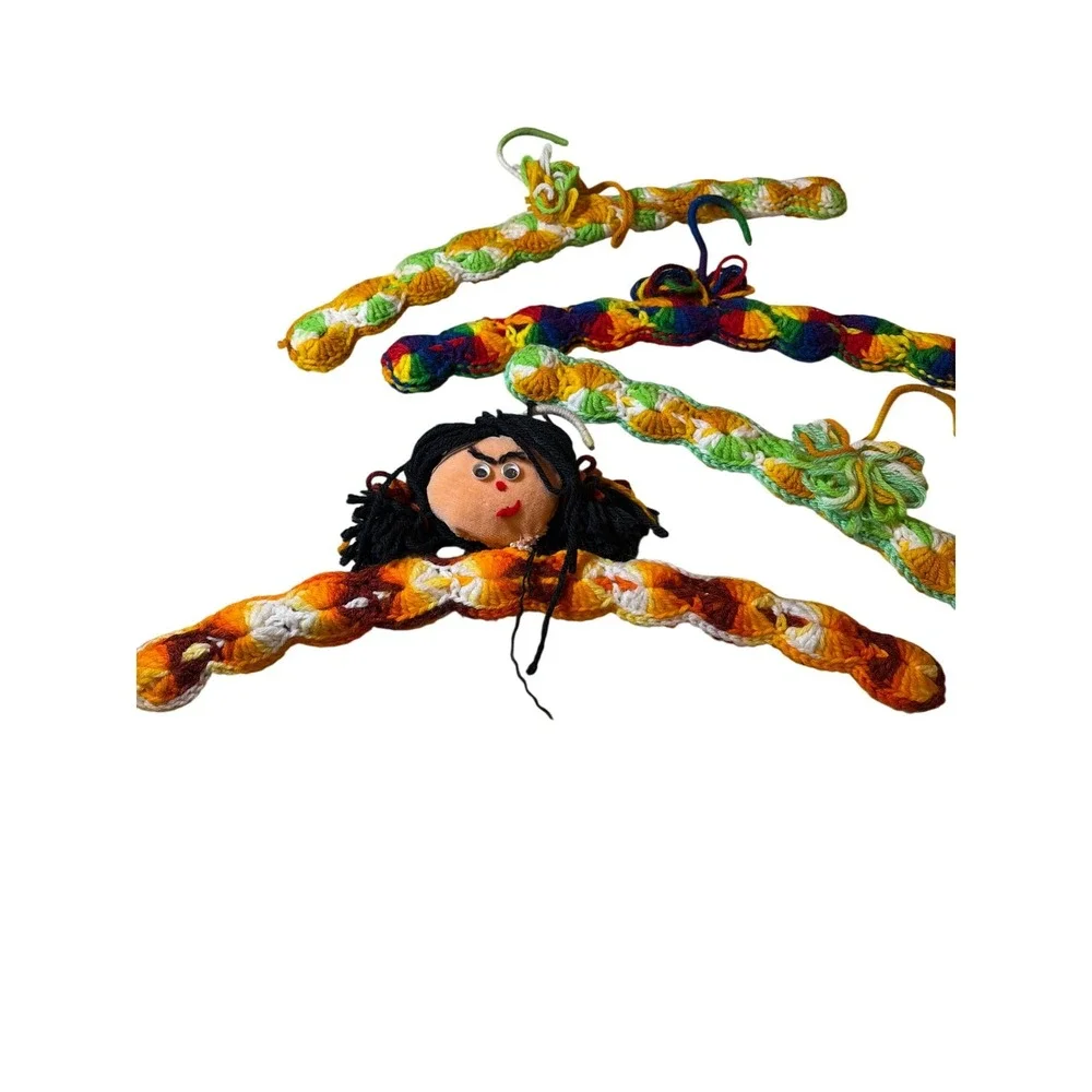 Vintage Lot of (4) Handmade Yarn Doll & Braided Folk Art Crochet Hanger Covers